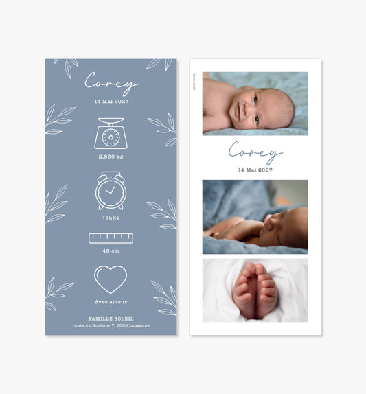 Faire-part de naissance – bleu feuilles minimaliste