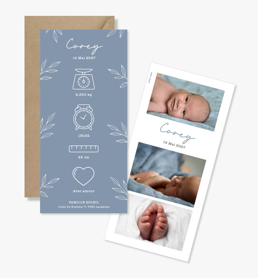 Faire-part de naissance – bleu feuilles minimaliste