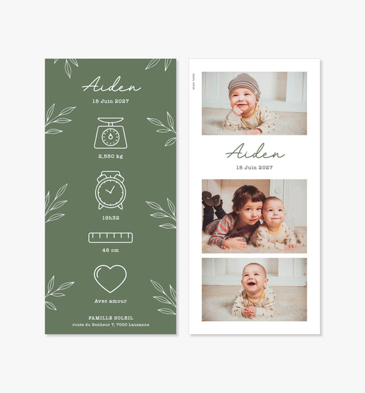 Faire-part de naissance – vert sapin feuilles minimaliste