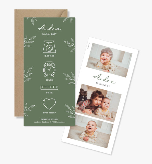 Faire-part de naissance – vert sapin feuilles minimaliste