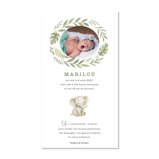 Faire-part de naissance numérique virtuel éléphant jungle safari vert