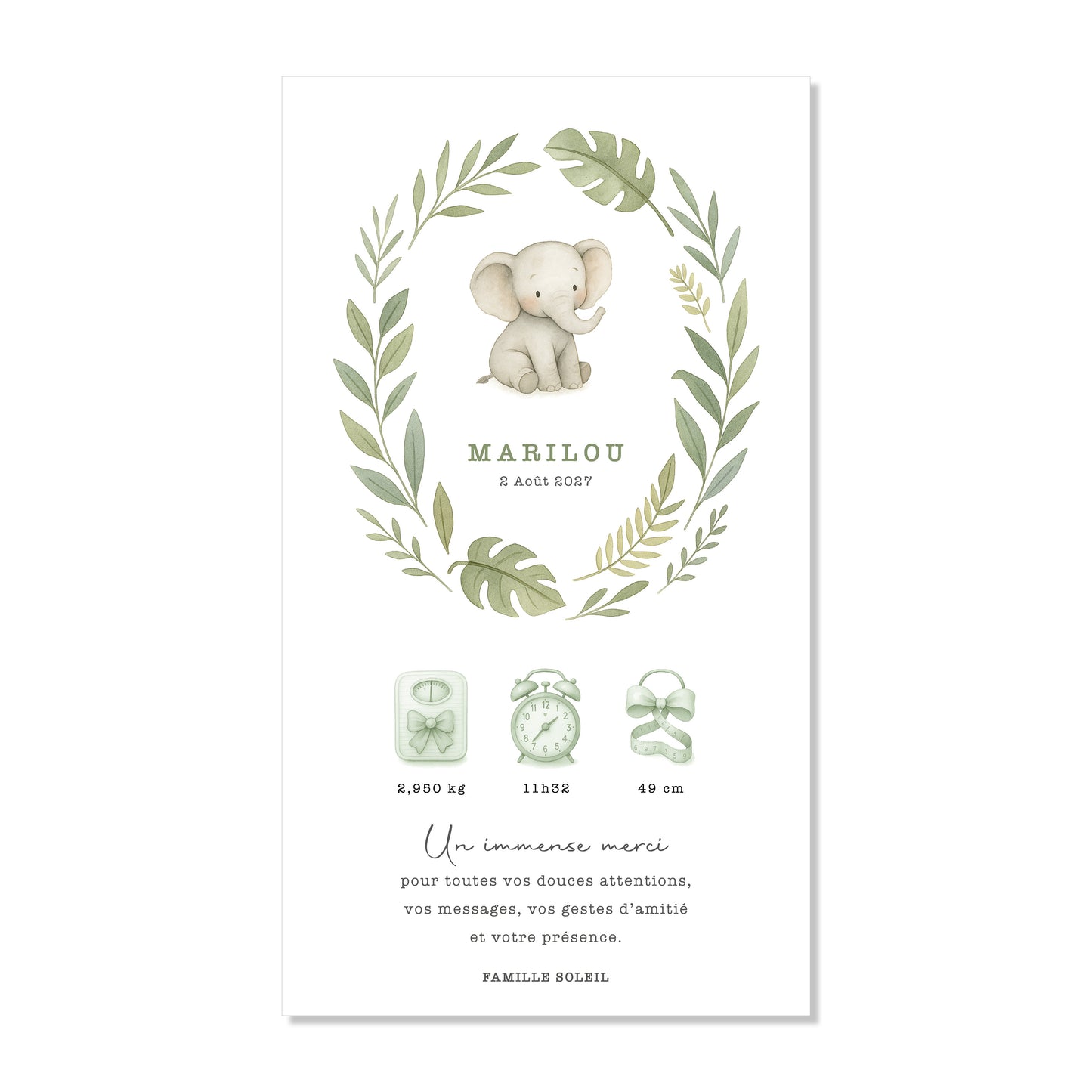 Faire-part de naissance numérique virtuel éléphant jungle safari vert