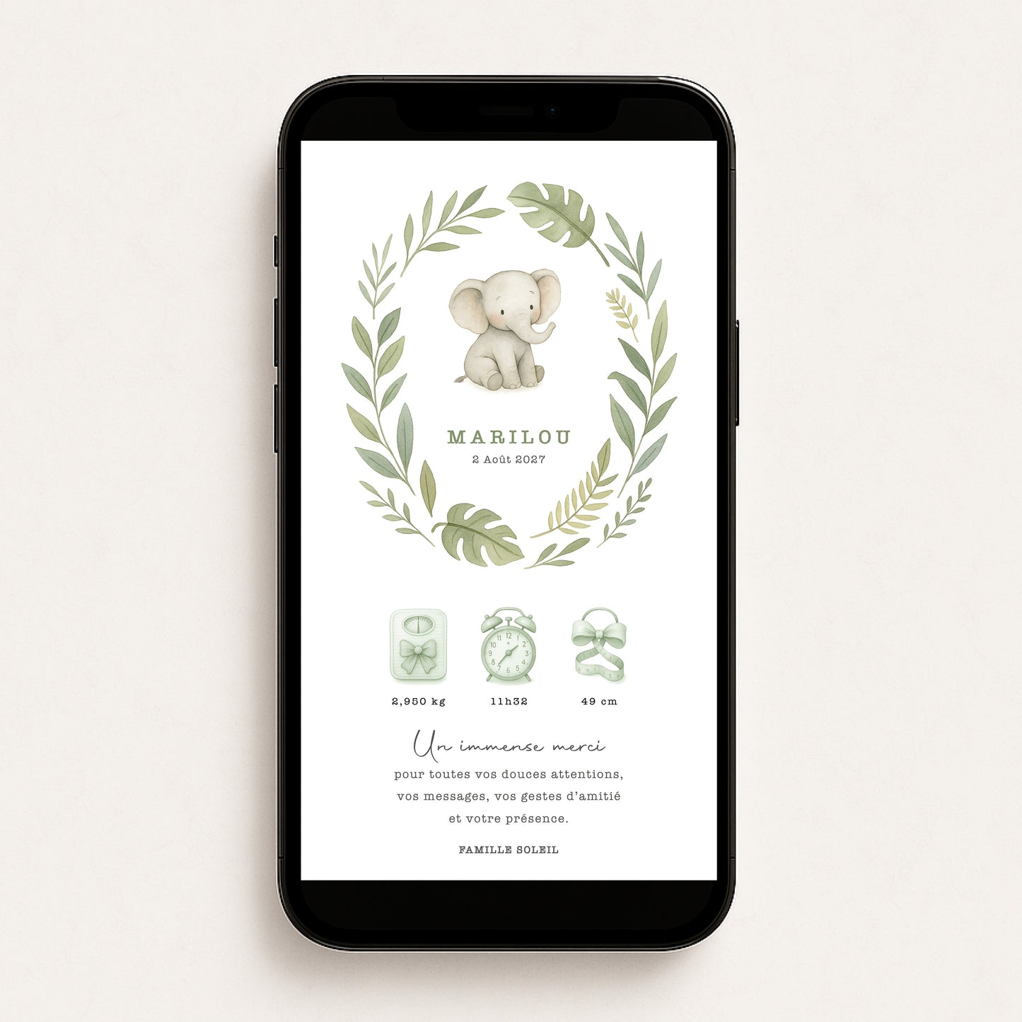 Faire-part de naissance numérique virtuel éléphant jungle safari vert