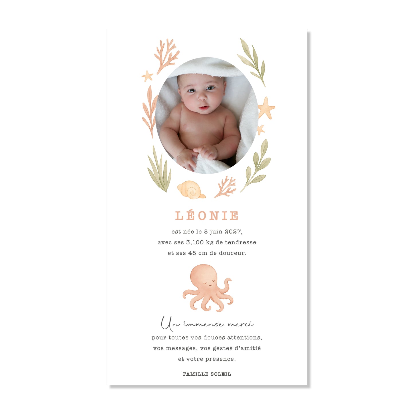 Faire-part de naissance numérique virtuel poulpe océan mer rose vert