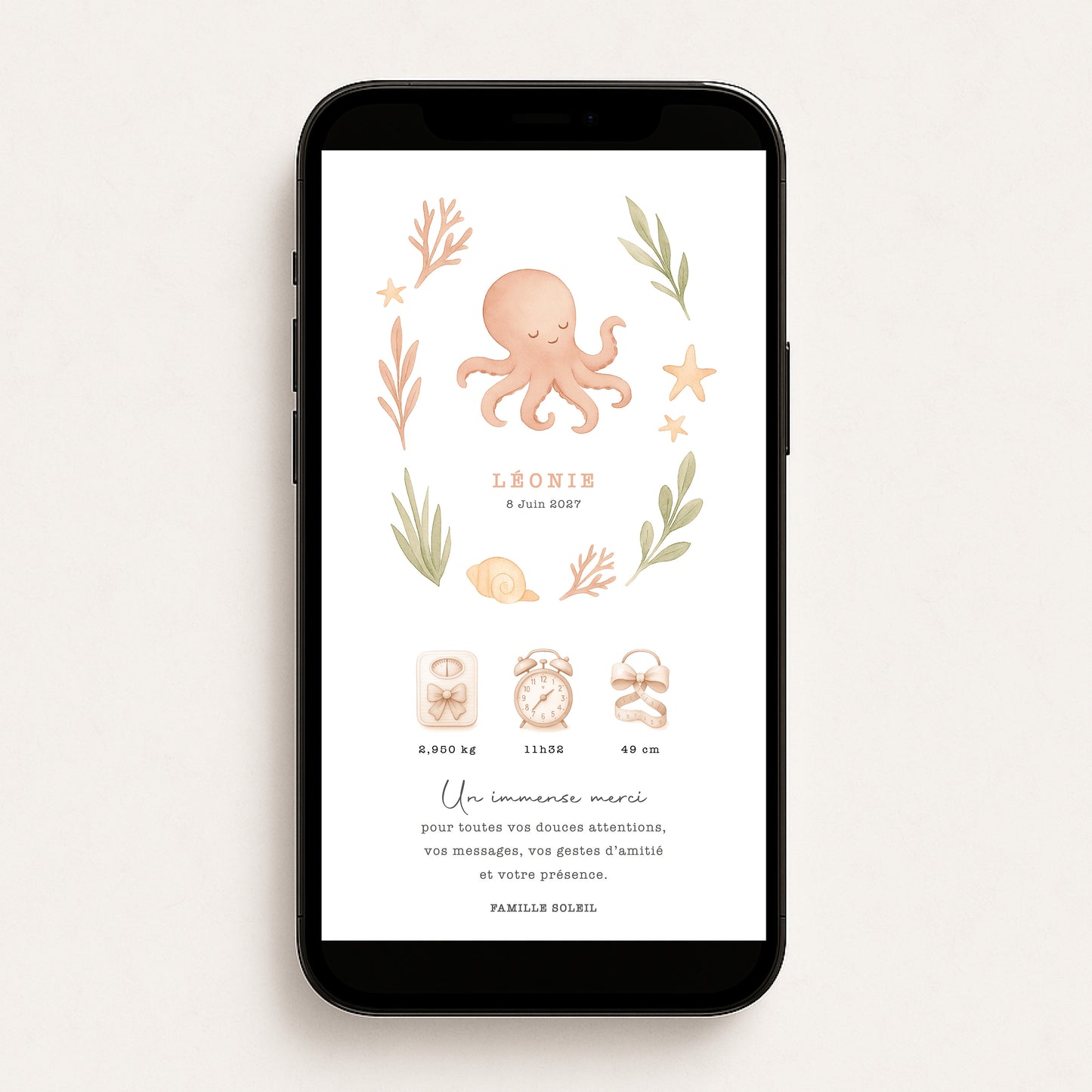 Faire-part de naissance numérique virtuel poulpe océan mer rose vert