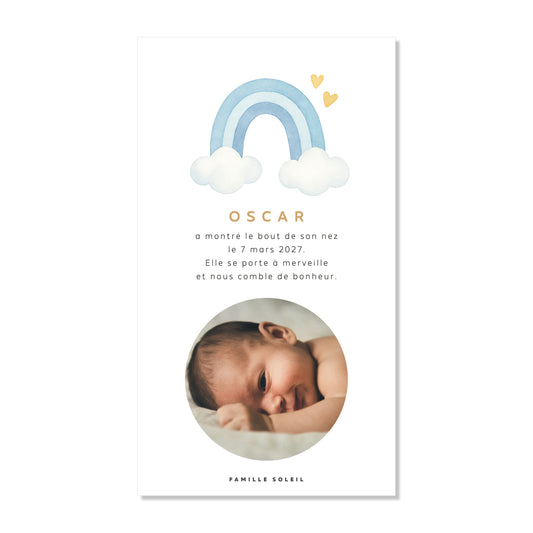 Faire-part de naissance numérique virtuel arc-en-ciel bleu jaune
