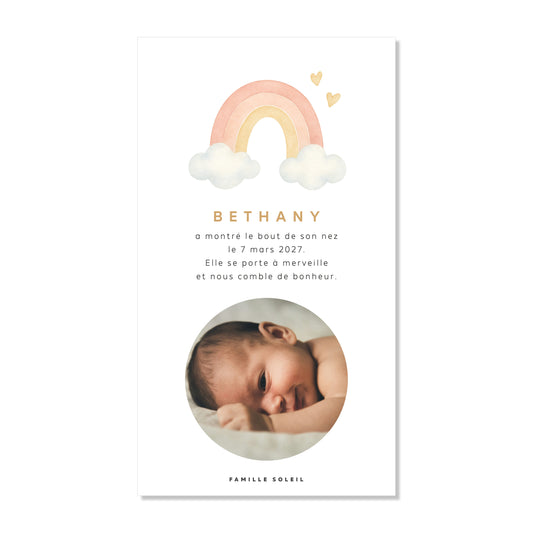 Faire-part de naissance numérique virtuel arc-en-ciel rose saumon jaune