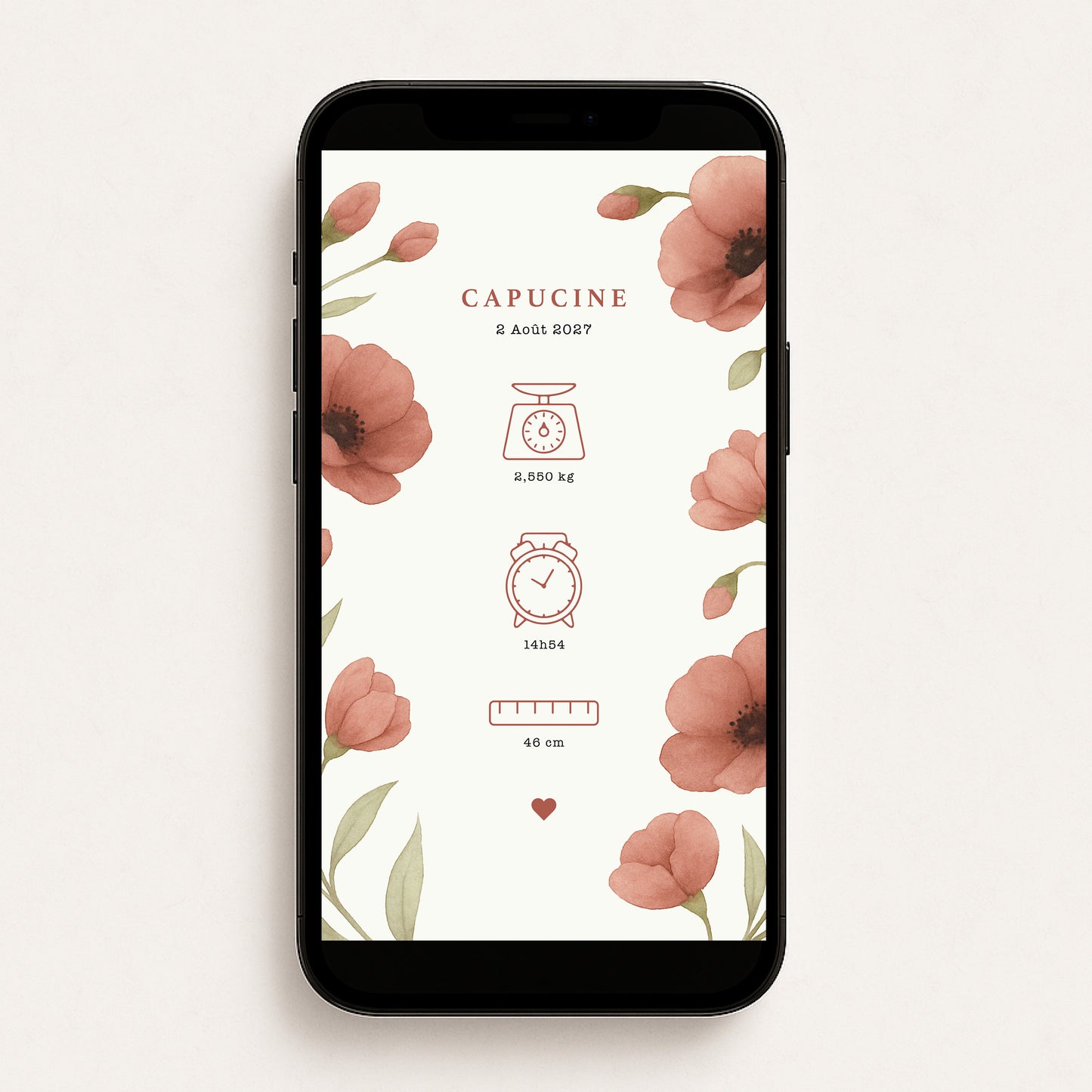 Faire-part de naissance numérique virtuel fleurs coquelicots rouge illustration