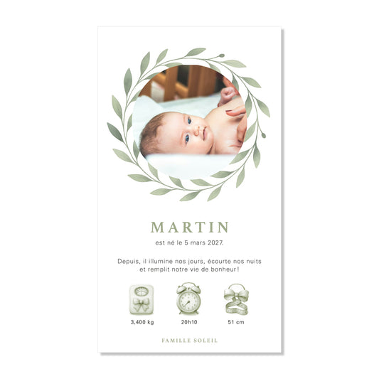 Faire-part de naissance numérique virtuel feuilles couronne vert aquarelle