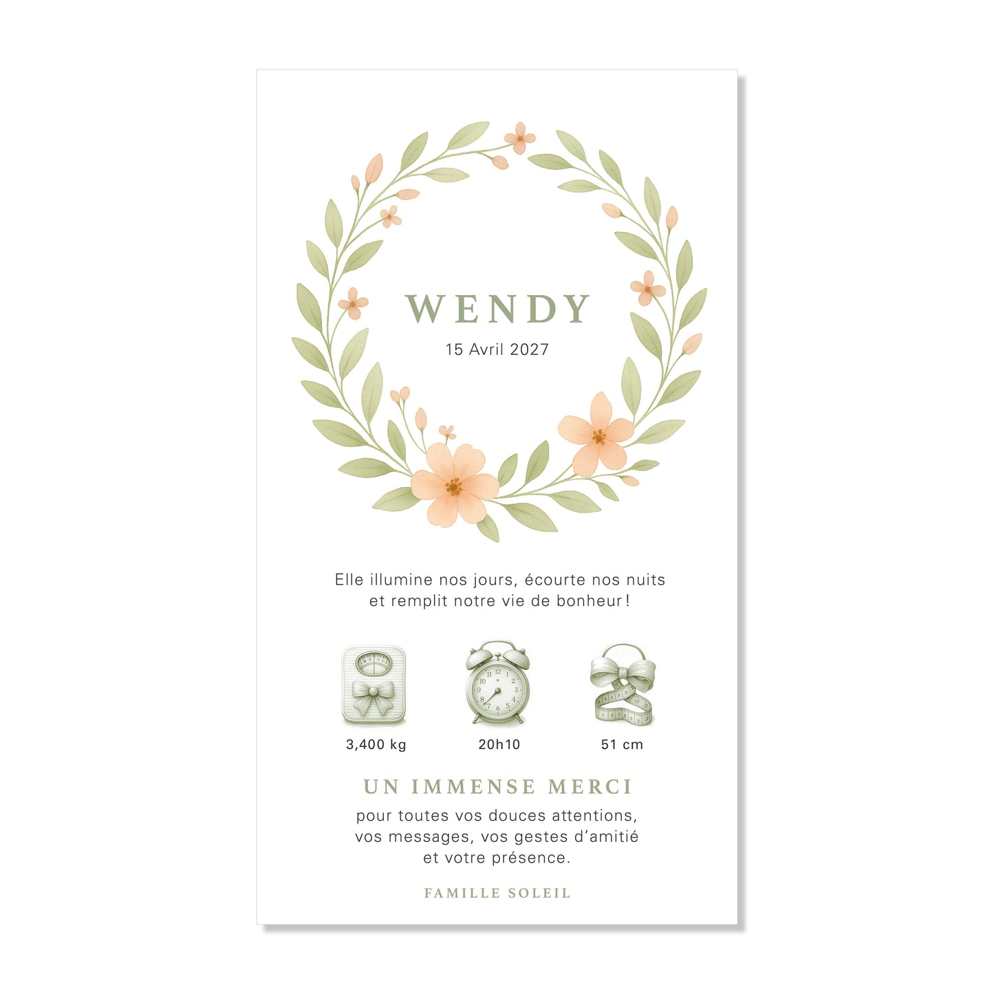 Faire-part de naissance numérique virtuel fleurs couronne rose saumon vert aquarelle