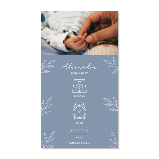 Faire-part de naissance numérique virtuel minimaliste feuilles bleu