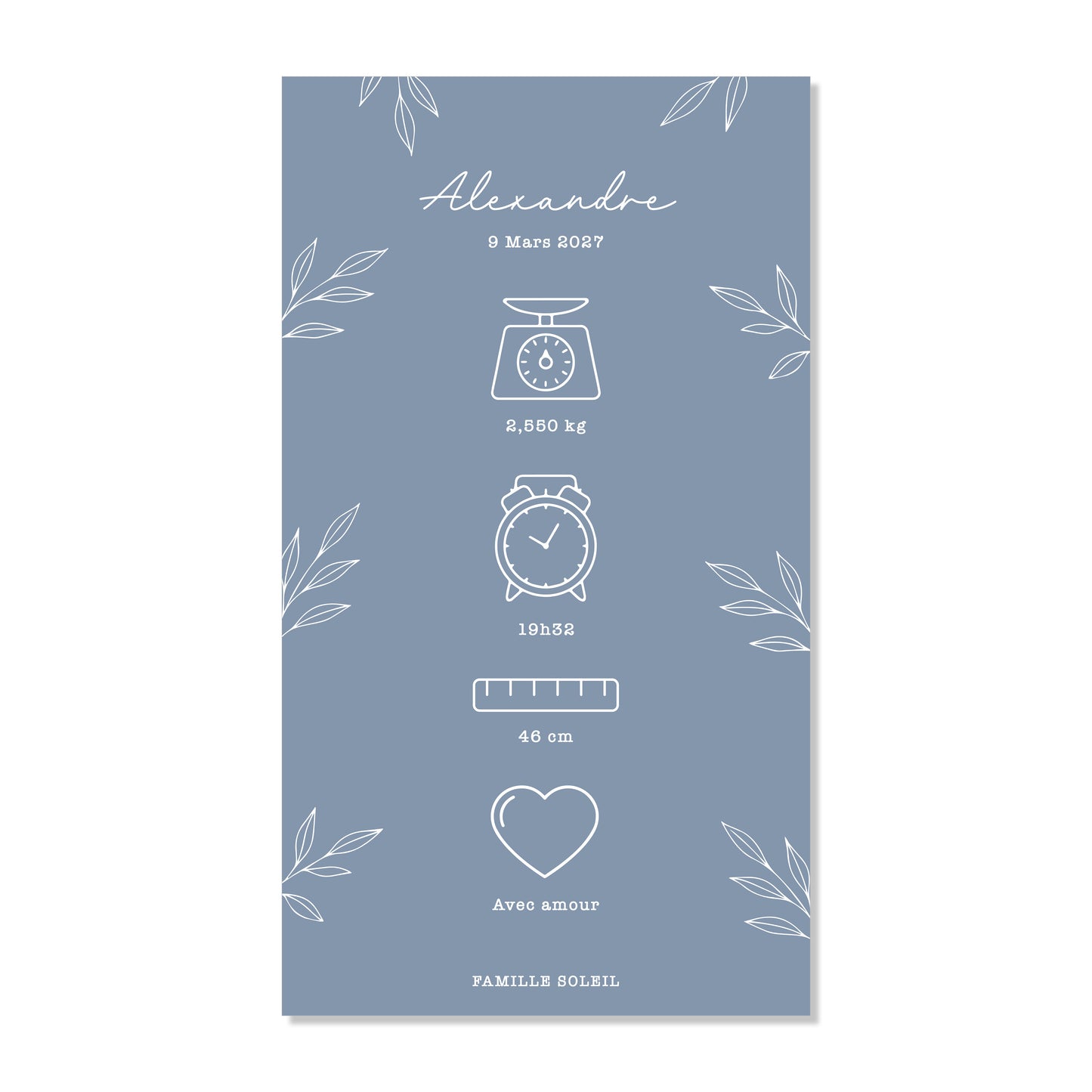 Faire-part de naissance numérique virtuel minimaliste feuilles bleu