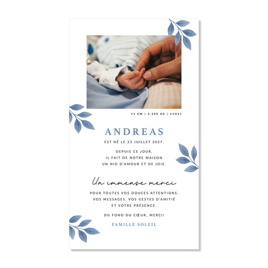 Faire-part de naissance numérique virtuel minimaliste feuilles bleu aquarelle