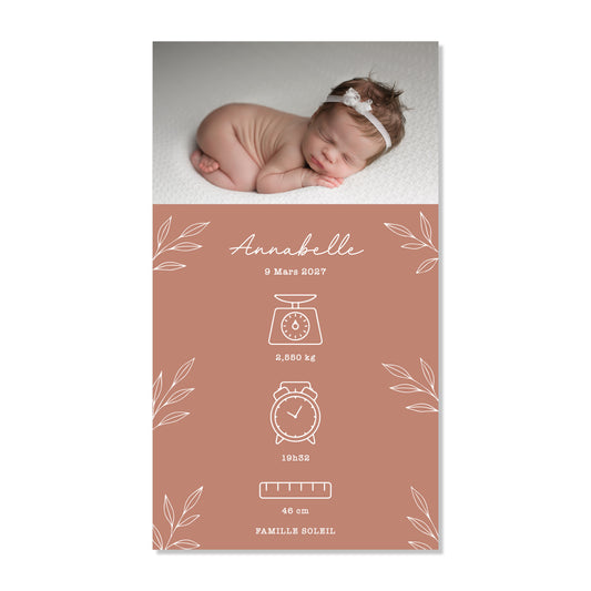 Faire-part de naissance numérique virtuel minimaliste feuilles terra cotta