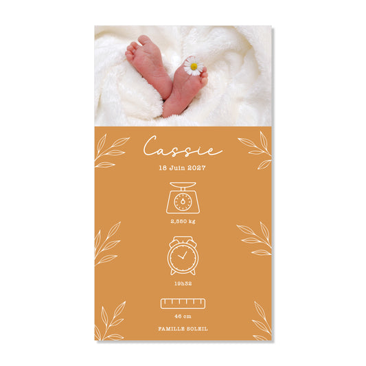 Faire-part de naissance numérique virtuel minimaliste feuilles jaune moutarde