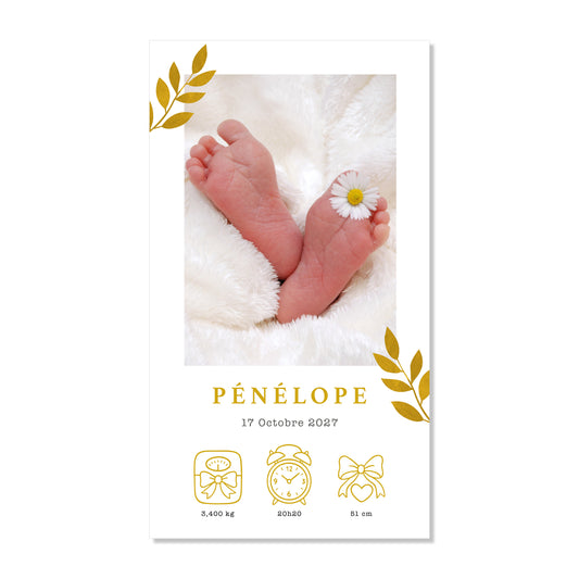 Faire-part de naissance numérique virtuel minimaliste feuilles jaune moutarde aquarelle