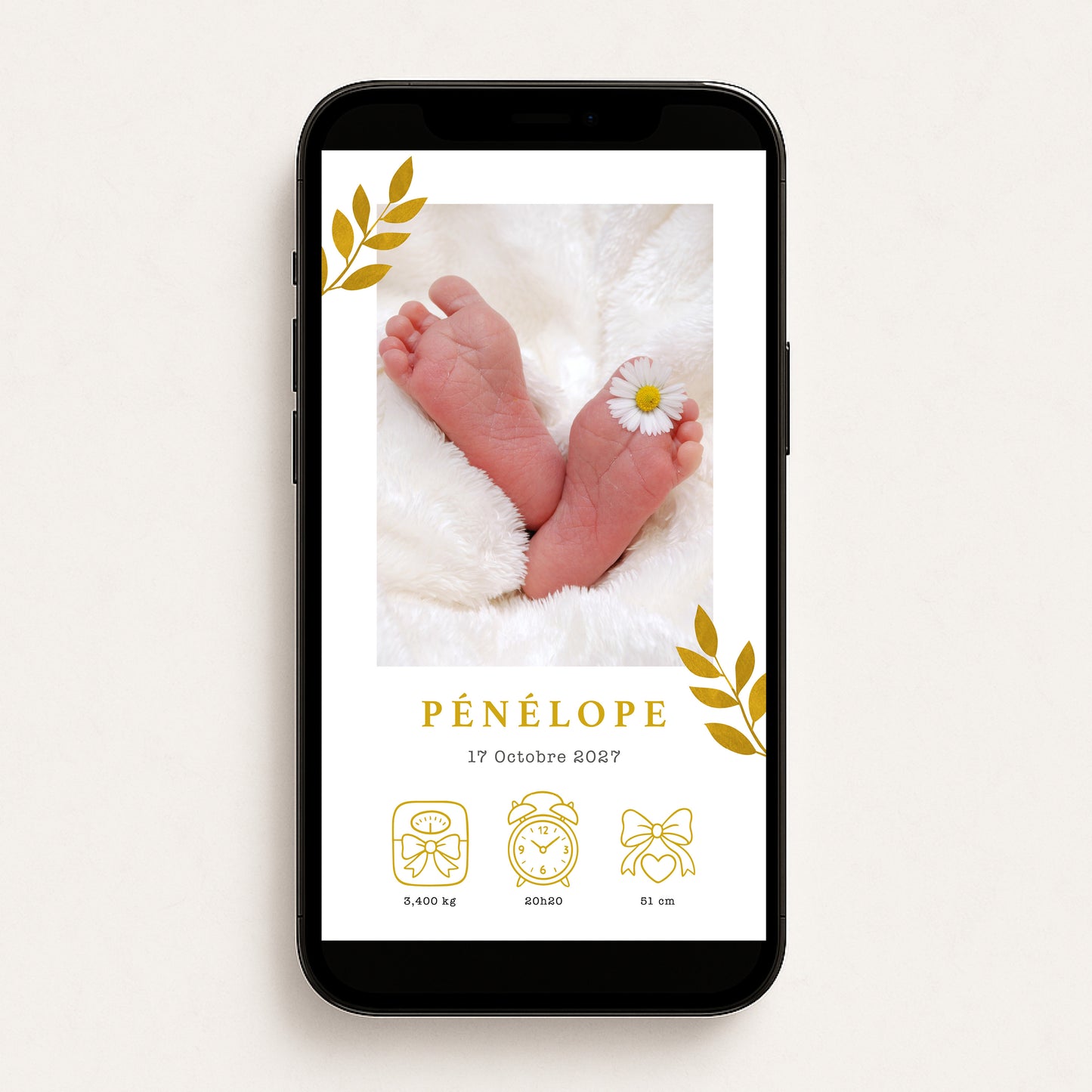 Faire-part de naissance numérique virtuel minimaliste feuilles jaune moutarde aquarelle