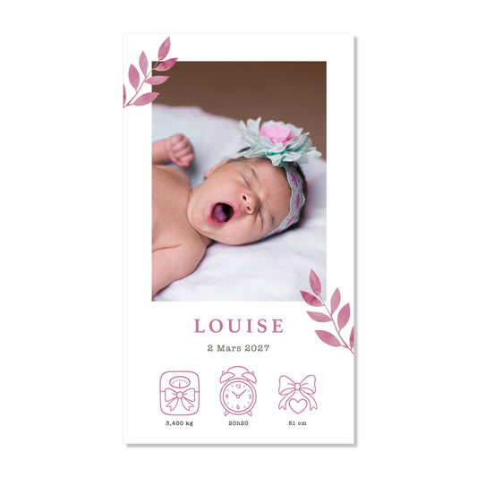 Faire-part de naissance numérique virtuel minimaliste feuilles rose aquarelle