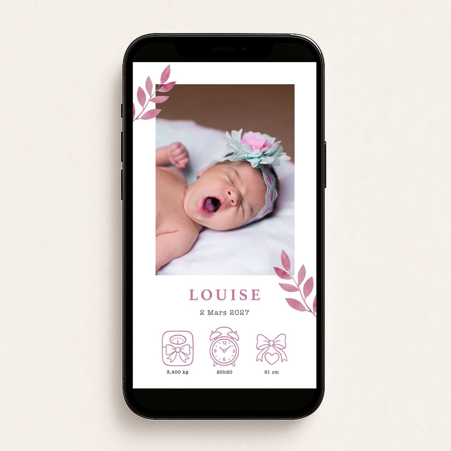 Faire-part de naissance numérique virtuel minimaliste feuilles rose aquarelle