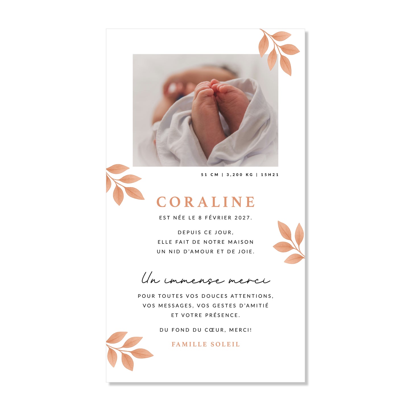 Faire-part de naissance numérique virtuel minimaliste feuilles rose saumon aquarelle