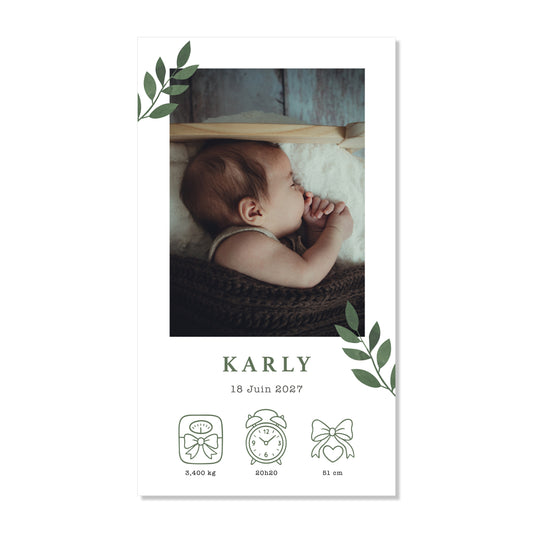 Faire-part de naissance numérique virtuel minimaliste feuilles vert aquarelle