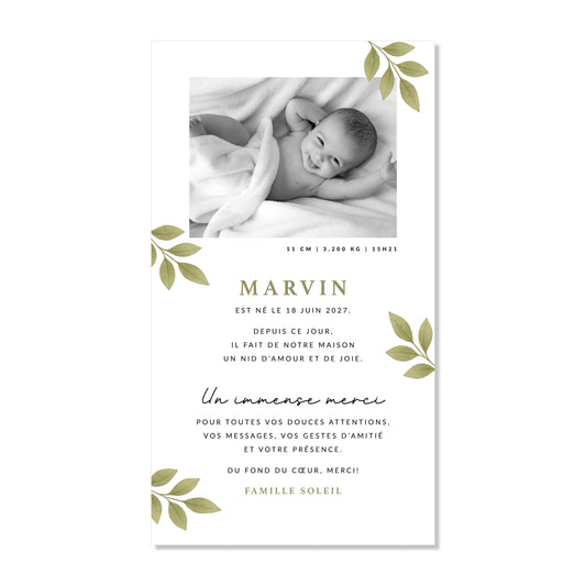 Faire-part de naissance numérique virtuel minimaliste feuilles vert kaki aquarelle
