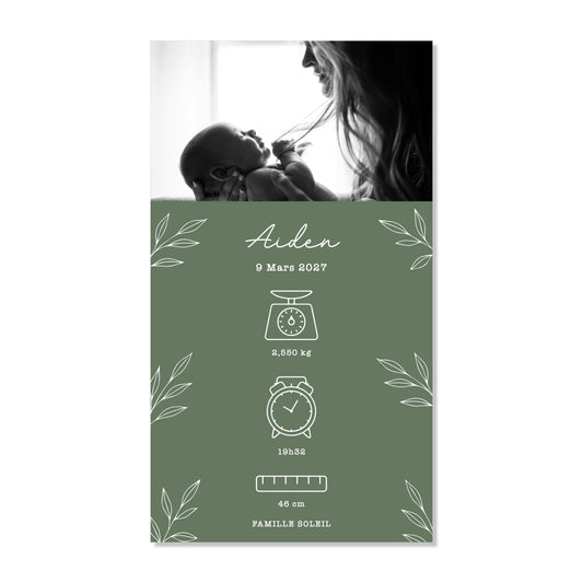 Faire-part de naissance numérique virtuel minimaliste feuilles vert sapin