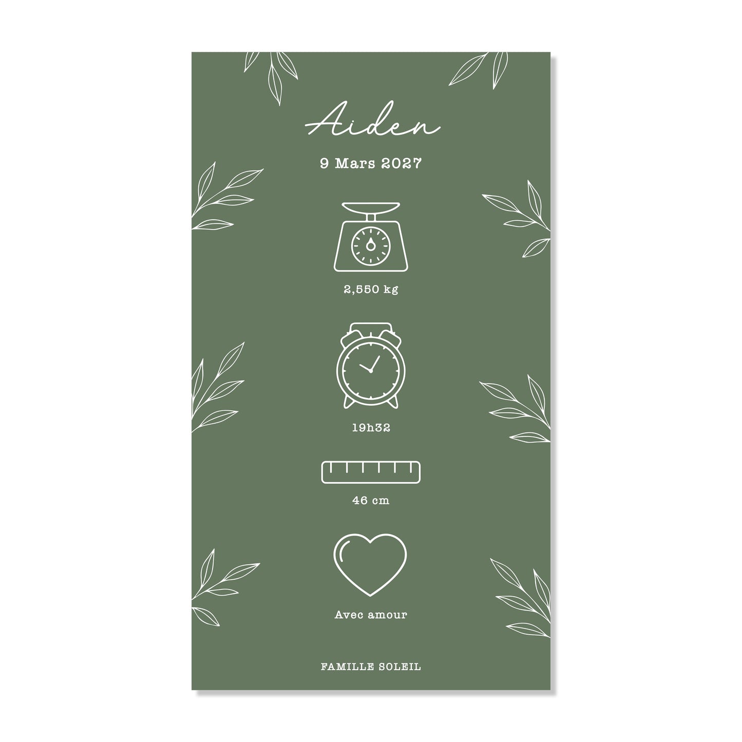 Faire-part de naissance numérique virtuel minimaliste feuilles vert sapin