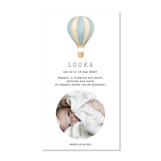 Faire-part de naissance numérique virtuel montgolfière bleu beige