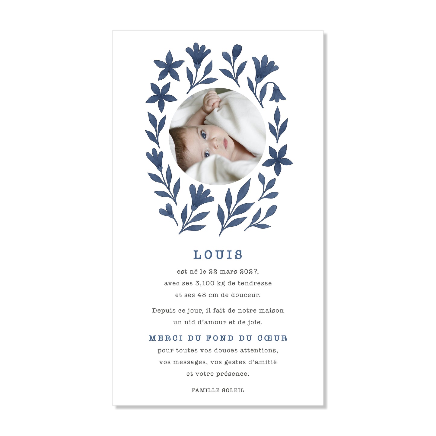 Faire-part de naissance numérique virtuel fleurs bleu aquarelle