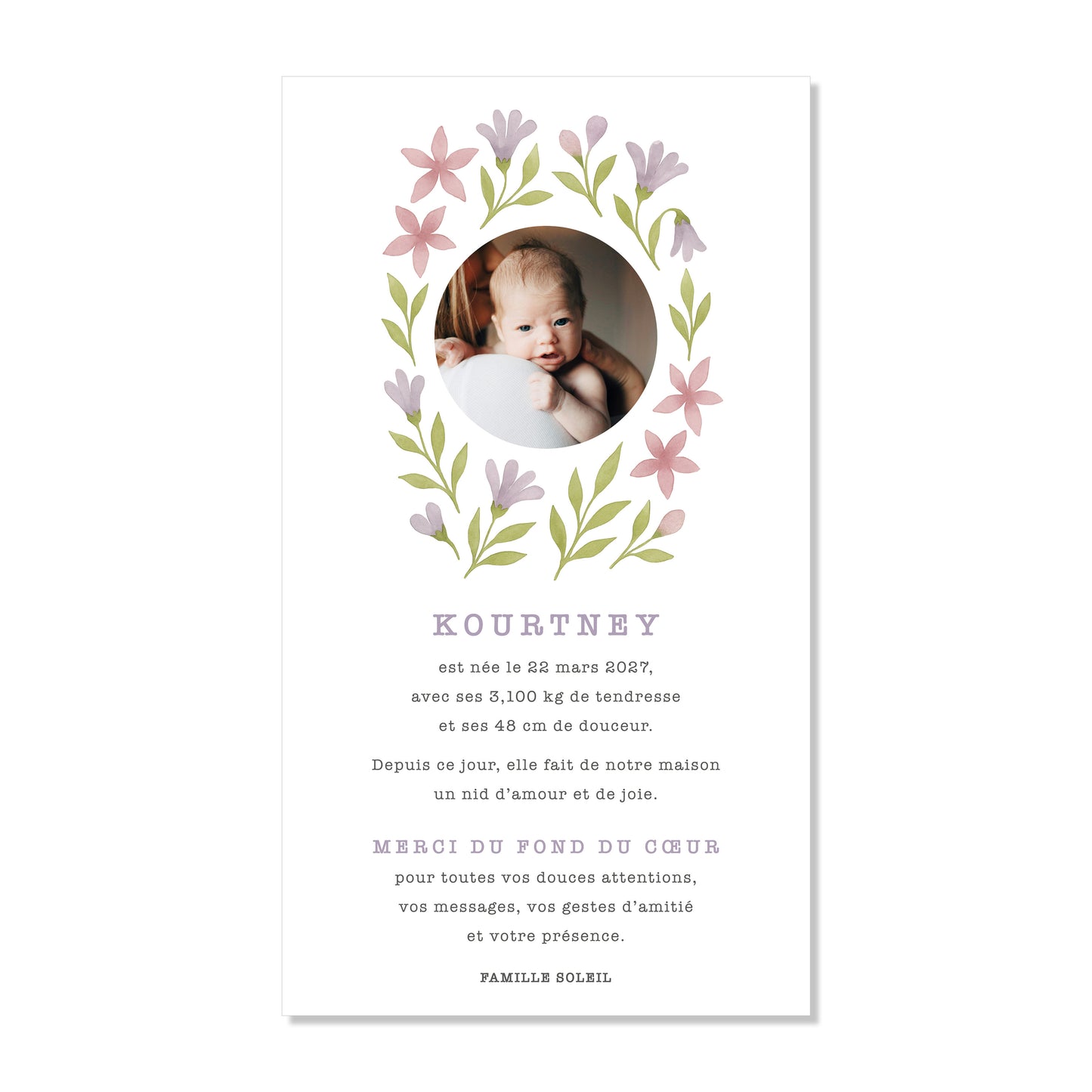 Faire-part de naissance numérique virtuel printemps fleurs lilas vert aquarelle