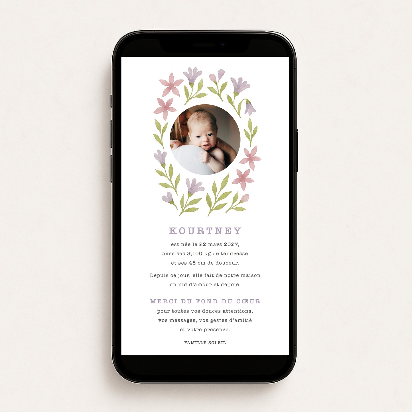 Faire-part de naissance numérique virtuel printemps fleurs lilas vert aquarelle