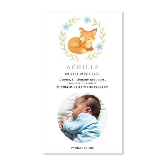 Faire-part de naissance numérique virtuel renard fleurs bleu