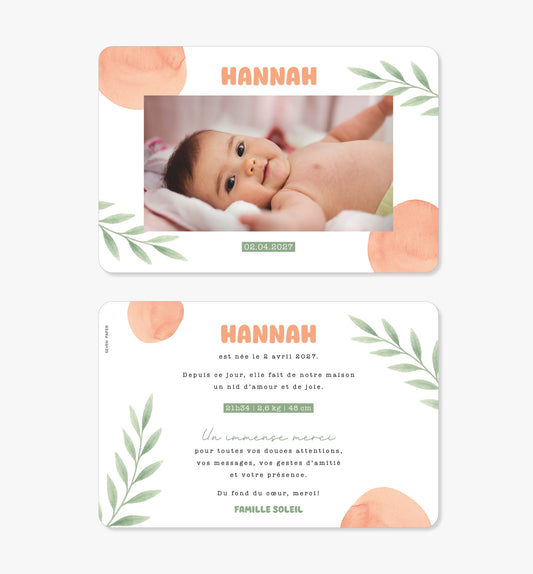 Faire-part de naissance – aquarelle orange et feuillage vert
