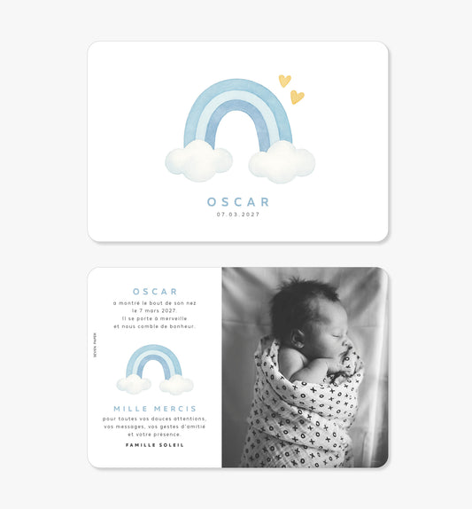 Faire-part de naissance – arc-en-ciel bleu original aquarelle