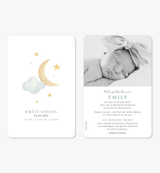 Faire-part de naissance – ciel étoile lune nuage bleu