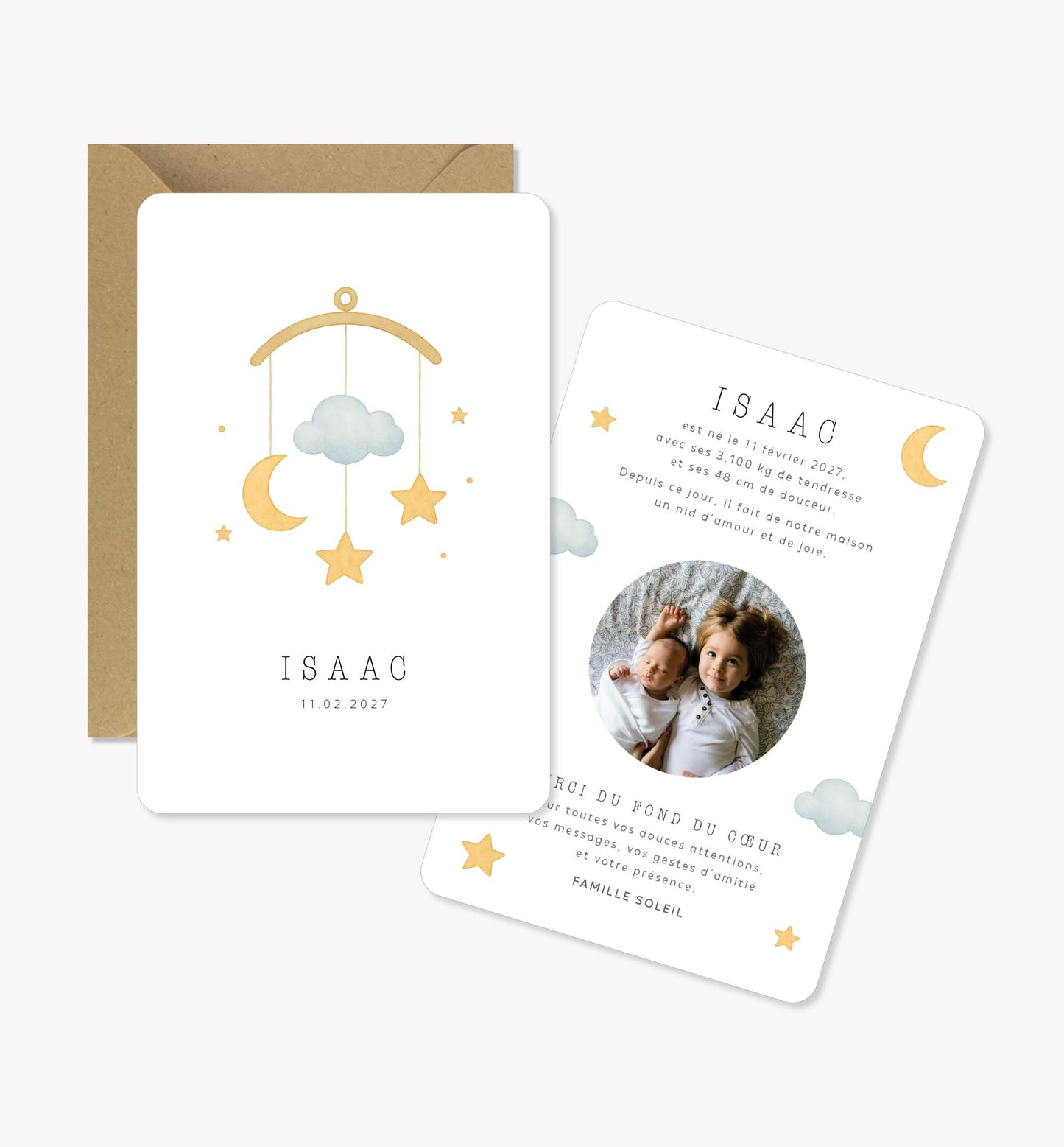 Faire-part de naissance – mobile bleu lune étoiles nuage aquarelle