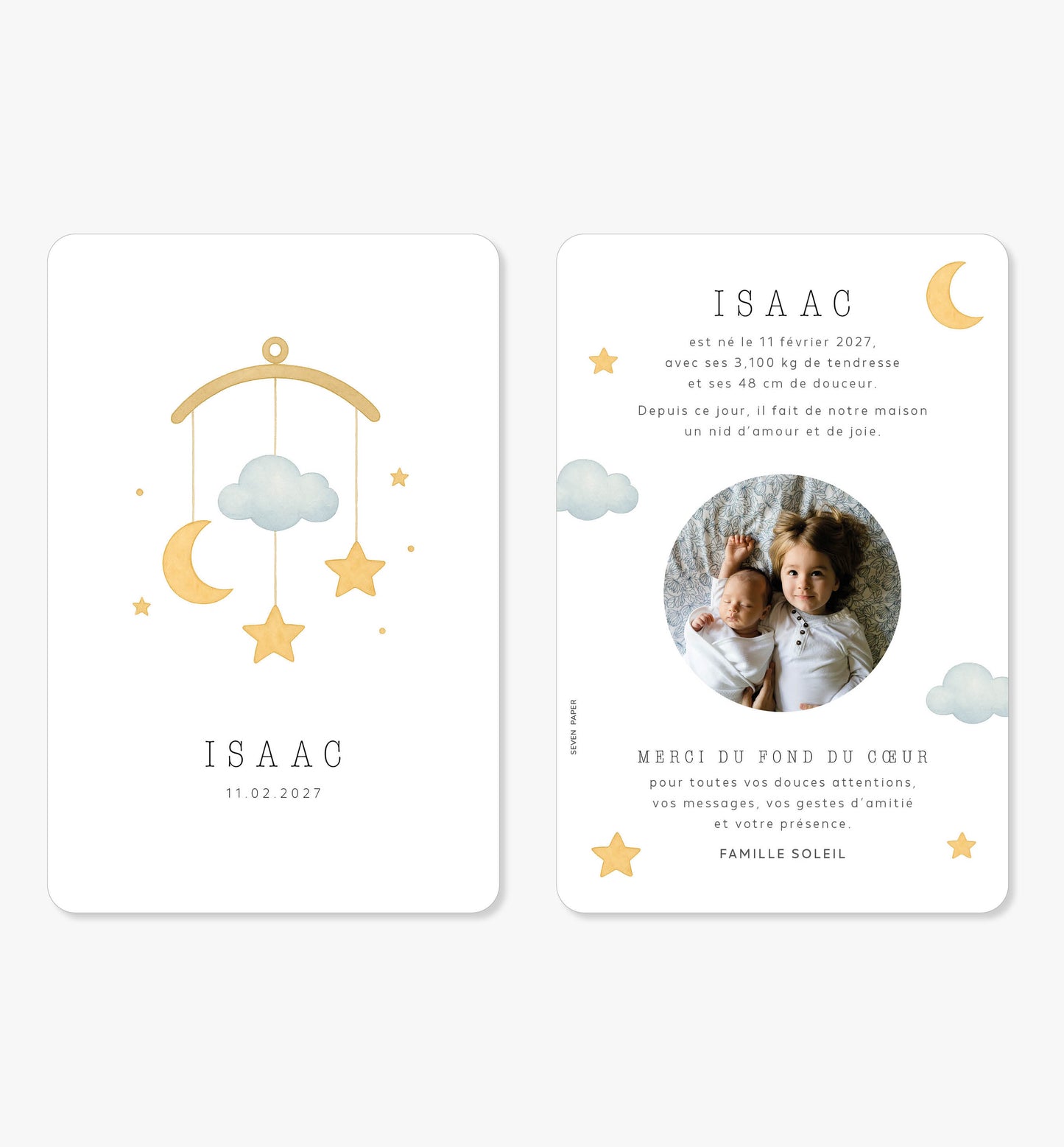 Faire-part de naissance – mobile bleu lune étoiles nuage aquarelle