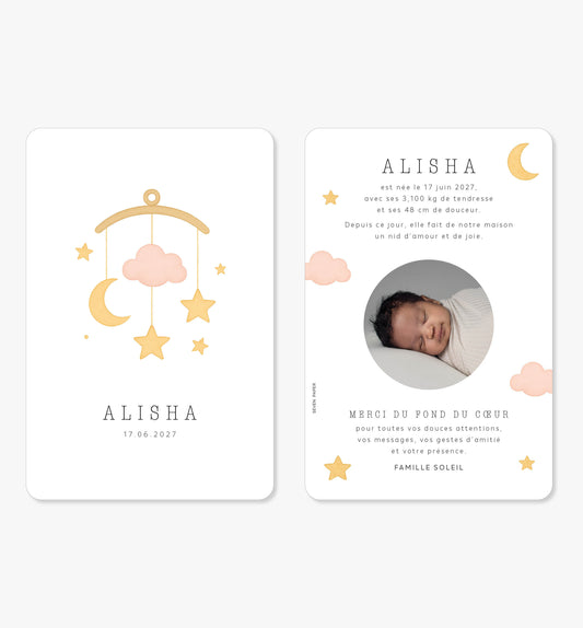 Faire-part de naissance – mobile rose lune étoiles nuage aquarelle
