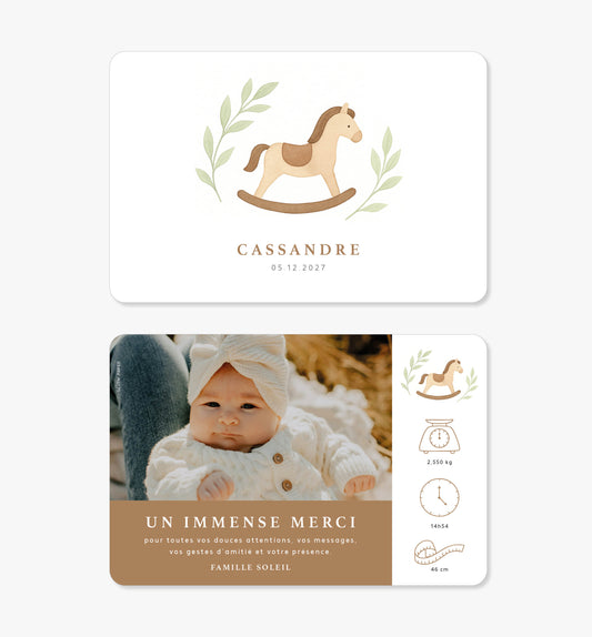 Faire-part de naissance – cheval à bascule branche feuilles
