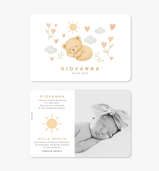 Faire-part de naissance – ours fleurs soleil