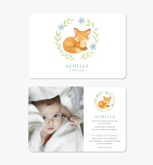 Faire-part de naissance – renard fleurs beige bleu illustration