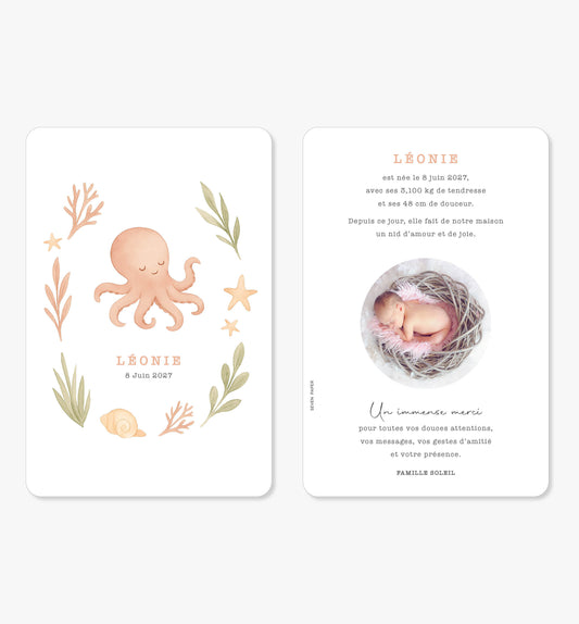 Faire-part de naissance – poulpe océan rose vert douce illustration