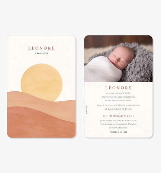 Faire-part de naissance – sunset soleil jaune terra cotta