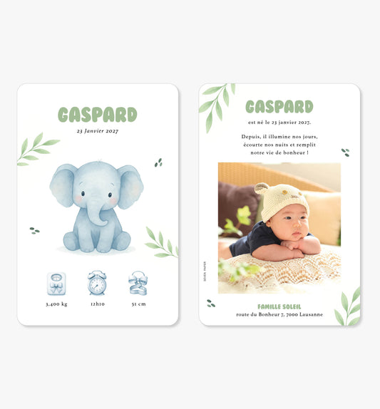Faire-part de naissance – éléphant bleu tropical illustration