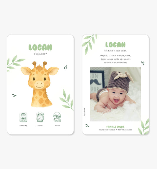 Faire-part de naissance – girafe tropical vert illustration