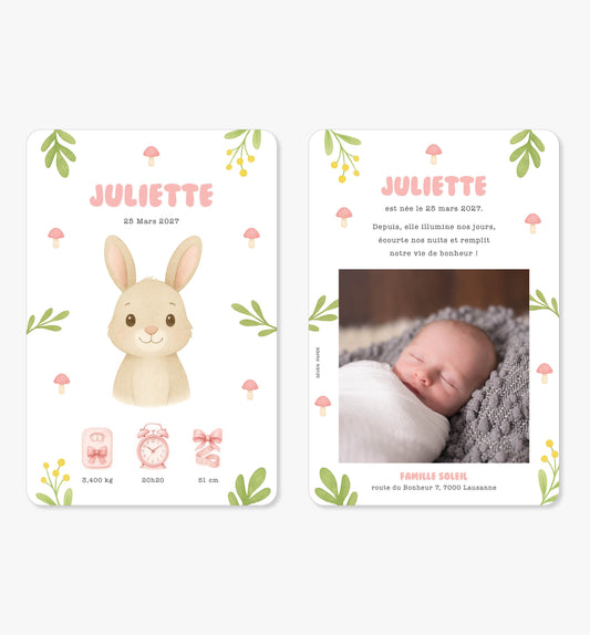 Faire-part de naissance – lapin forêt rose vert illustration