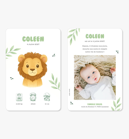 Faire-part de naissance – lion tropical vert illustration