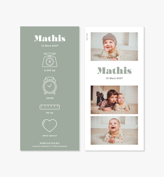 Faire-part de naissance – vert minimaliste