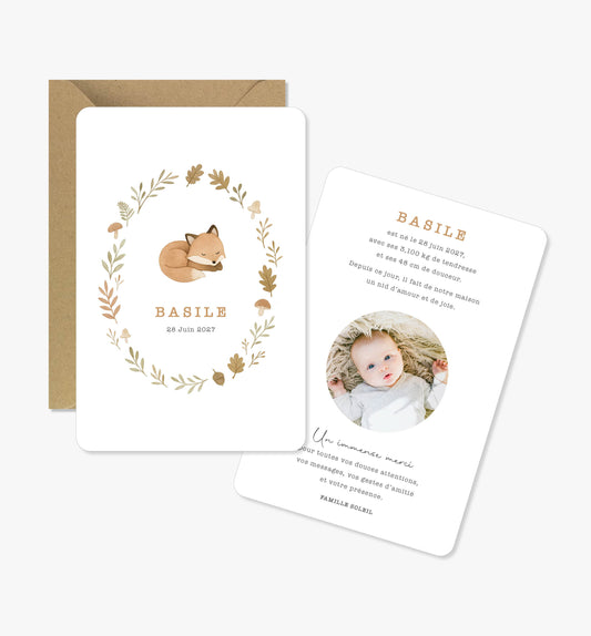 Faire-part de naissance – renard forêt beige marron illustration